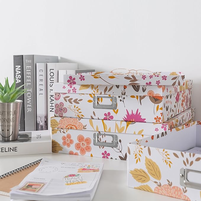 Soul & Lane Floral Collage Decorative Cardboard Boxes with Lids, Set of 3 Memory Boxes for Keepsakes and Photos, Letter Storage for Documents, Scrapbooks, Organizing