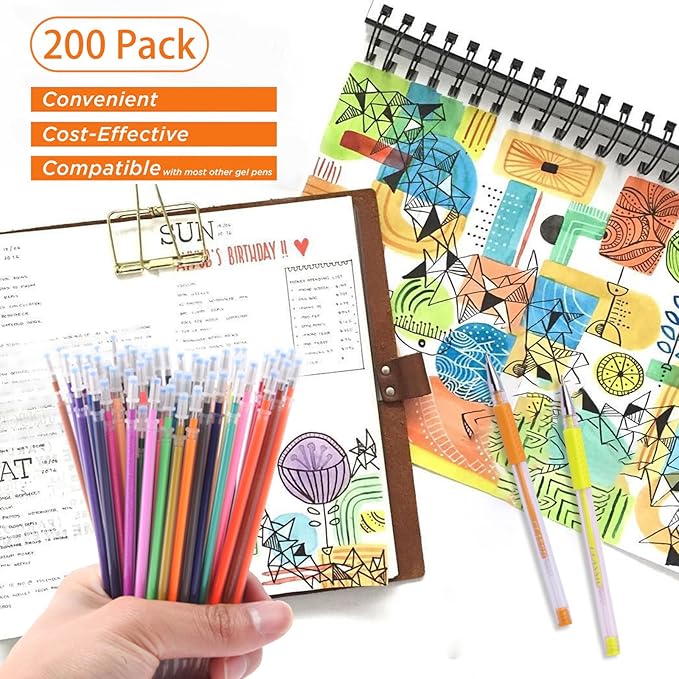 ZSCM 200 Colors Gel Pen Ink Refills, Glitter Neon Gel Ink Pens Refills Replace Cartridges for Adult Coloring Books Journaling Women Gifts, No Repeats