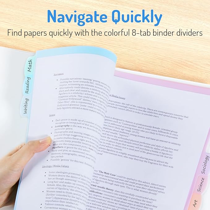 Forvencer 8-Tab Binder Dividers with Tabs, Big Tabs, Write&Erase Plastic Dividers for 3 Ring Binder, Binder Tabs for Organizers, 3 Ring Binder Dividers with Tabs for School Office (Pastels, 1 Set)