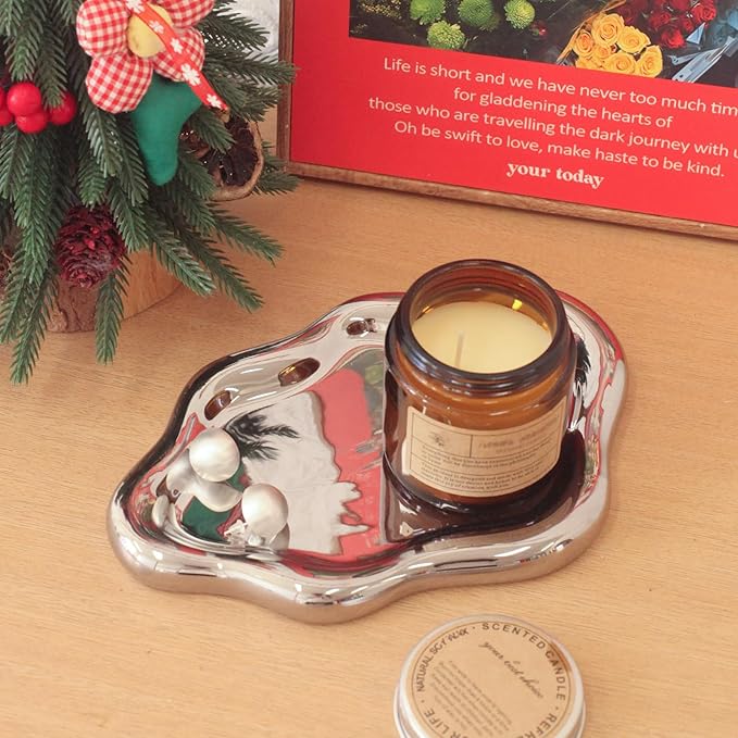 CCINPPY Ceramic Jewelry Tray Trinket Dish, Decorative Cloud Vanity Key Tray for Women, Ring Holder Dish, Cute Jewelry Plate Bowl Room Decor Aesthetic, Silver, Medium