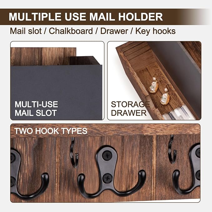 Lucundm Mail and Key Holder Wall Mount with Storage Drawer – Modern Wooden Mail Organizer for Wall Entryway, 7 Key Hooks & Chalkboard Panel – Stylish Home Decor for Apartments, Living Room, Office