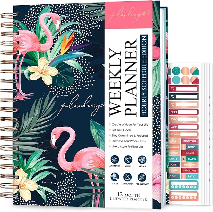 PLANBERRY Large Hourly Schedule Planner Premium – Undated Organizer for Productivity, Time Management & Budget, 8x10.4″ (Rose Flamingo)