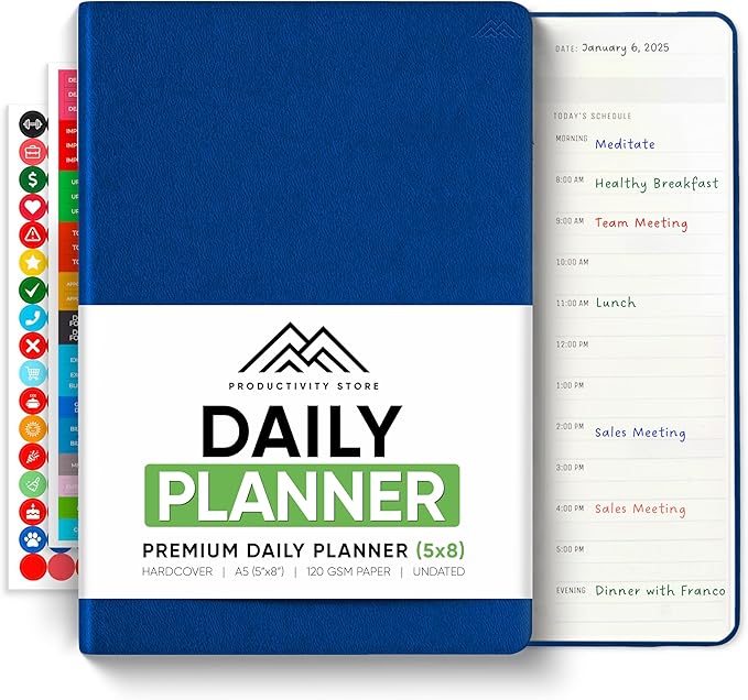Daily Planner 2026 (5" x 8") - The Ultimate Daily Workflow Planner with Hourly Schedule & Task List to Achieve Your Goals by PRODUCTIVITY STORE (A5, Navy Blue)