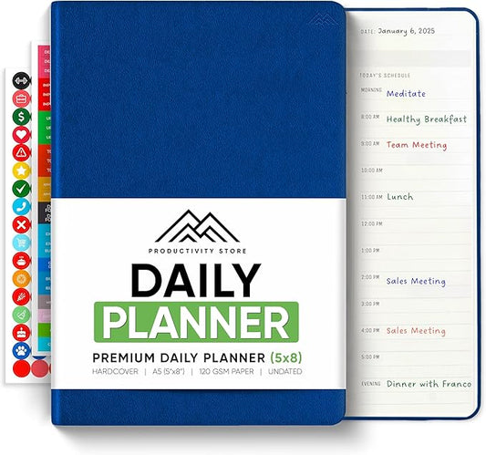 Daily Planner 2026 (5" x 8") - The Ultimate Daily Workflow Planner with Hourly Schedule & Task List to Achieve Your Goals by PRODUCTIVITY STORE (A5, Navy Blue)