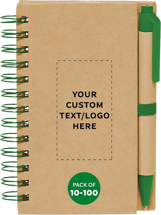 Custom Mini Spiral Notebooks with Black Ink Pens Set of 10/50/100, Personalized Bulk Pack - Perfect for School, Office, Business, Home - Green