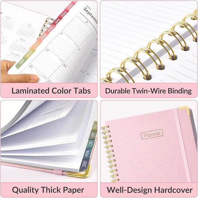 Forvencer 2026 Planner, Hardcover Calendar Planner Weekly and Monthly, Jan 2026 - Dec 2026, 8.5" x 11", Spiral Agenda Book with Tabs, Exquisite Daily Journal Organizer for Home School, Glitter Pink