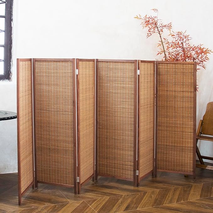 Furnnylane 6 Panel Short Room Divider Screen,Brown Freestanding Partition,Small Bamboo Panel Divider for Room Seperation,3.95 FT Tall