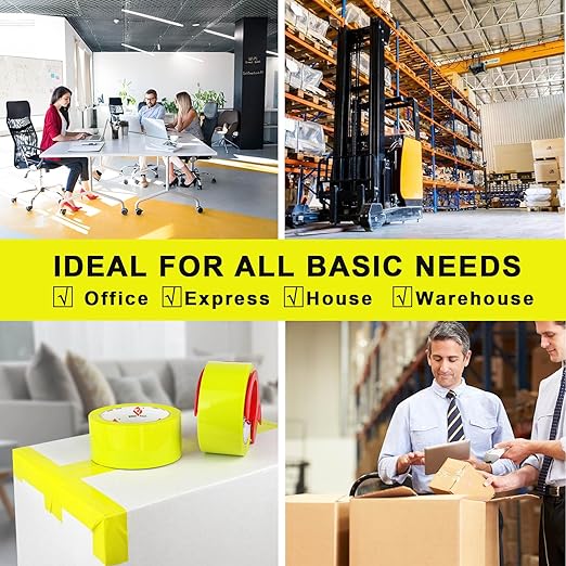 BOMEI PACK Heavy Duty Colored Packing Tape with Dispenser 1.88 Inch x 60 Yards (Yellow) 6 Rolls, 2.4 mil Industrial Grade Packaging Tape for Shipping, Moving, Mailing & Storage