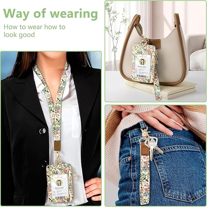 Bolimoss Aesthetic Lanyard with ID Holder for Women & Nurses - Floral ID Badge Holder with Neck Lanyard & 4 Card Slots, Side Zipper Pocket