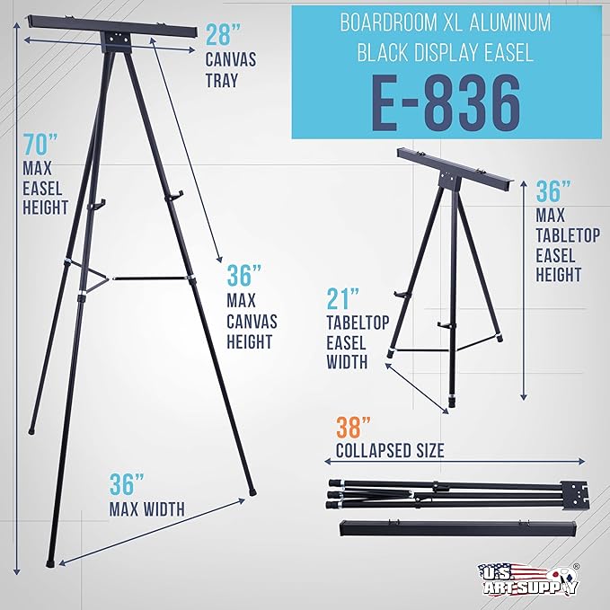 U.S. Art Supply 70" High Boardroom XL Black Aluminum Flip Chart Easel & Presentation Stand - Adjustable Floor/Tabletop, Portable Tripod, Holds 45 lbs, for Chart Paper, Poster Boards, & Pads