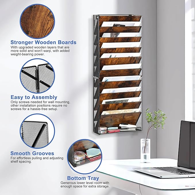 Solinxe 10-Tier Wall File Organizer, Wood Mail Organizer Wall Mounted Paper Document Magazine Holder, Hanging Clipboard Storage Basket with Tray for Office Home School Organization, Black/Antique