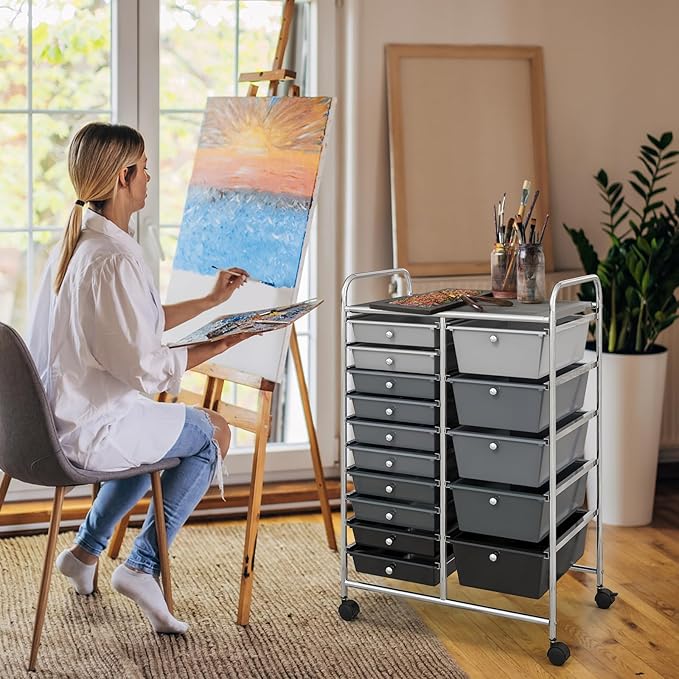 GOFLAME 15-Drawer Rolling Storage Cart, Craft Storage Cart with Removable Drawers & Lockable Wheels, Art Cart Supply Storage Organizer for Home Office Classroom, Gray Gradient