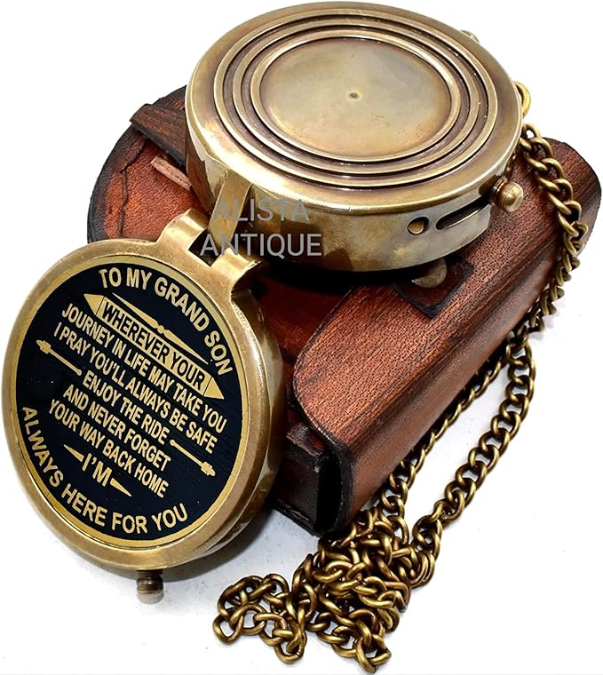 Vintage Brass Pocket Compass Gift for Grandson “to My Grandson” Engraved Compass with Leather Case & Chain | Meaningful Keepsake for Grandson | Birthday Gift | Graduation Day Gifts