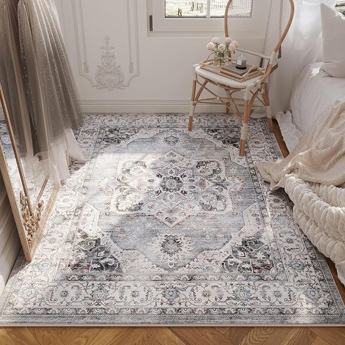 Rugcomf Vintage Medallion 3'x5' Washable Rug - Non-Slip Low Pile Area Rug, Small Boho Carpet for Bedroom, Bedside, Kitchen, Entryway, Kids/Girls Room, Office - Grey and White