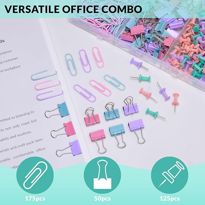 LincOficey 350pcs Paper Clips Binder Clips and Push Pins Set, Small Clips Office Supplies in Compartments Container for Multipurpose Document Organization (Pastel)