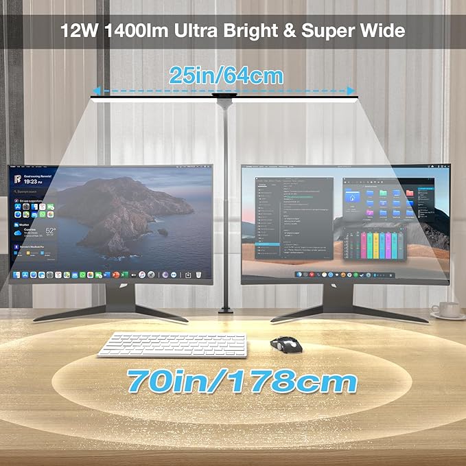 Hensam Desk Lamp for Home Office, Double Head Desk Light with Clamp, Dimmable 5 Color Modes Task Lighting, Eye-Caring Architect Table Lamp for Workbench, Dual Monitor, Study, 1400lm