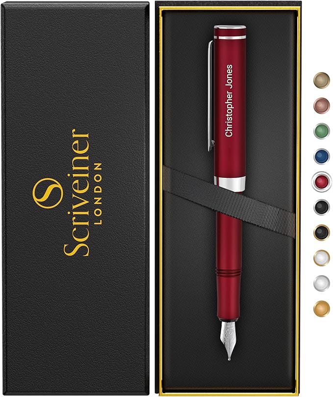 Scriveiner Personalized Luxury EDC Fountain Pen (Medium), Stunning Matt Red Pocket Pen, Chrome Finish, Schmidt German Nib, Best Engraved Fountain Pen Gift Set for Men & Women, Name Engraving