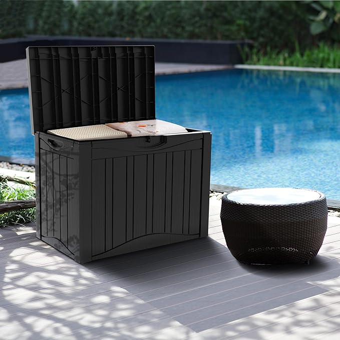Yardgrace 50 Gallon Lockable Resin Outdoor Storage Box, Waterproof & Weather Resistant Deck Box for Patio Cushion, Garden Tools & Pool Accessories, Black