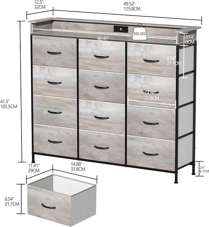 Welfuturer Dresser for Bedroom with 12 Drawers LED Dressers & Chests of Drawers Charging Station Fabric Dresser Storage Organizer Unit for Hallway Entryway Closets Sturdy Steel Frame Wood Top Gray