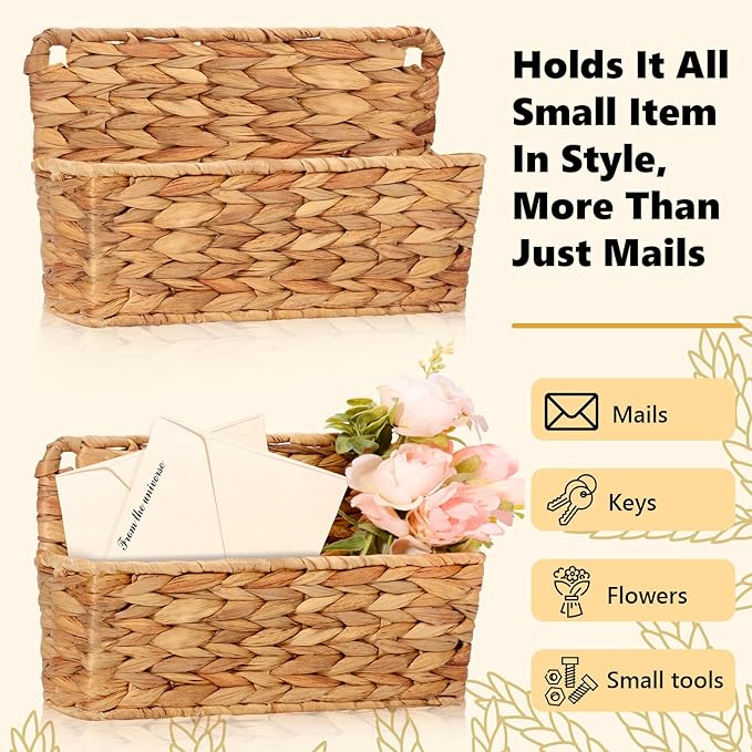 2 Pcs Woven Mail Holder Wall Mount Basket Rattan Wall Letter Holder Wicker Hanging Magazine Rack Water Hyacinth Magazine Basket Wall File Folder Hanging Storage Basket with Hooks for Envelope Office
