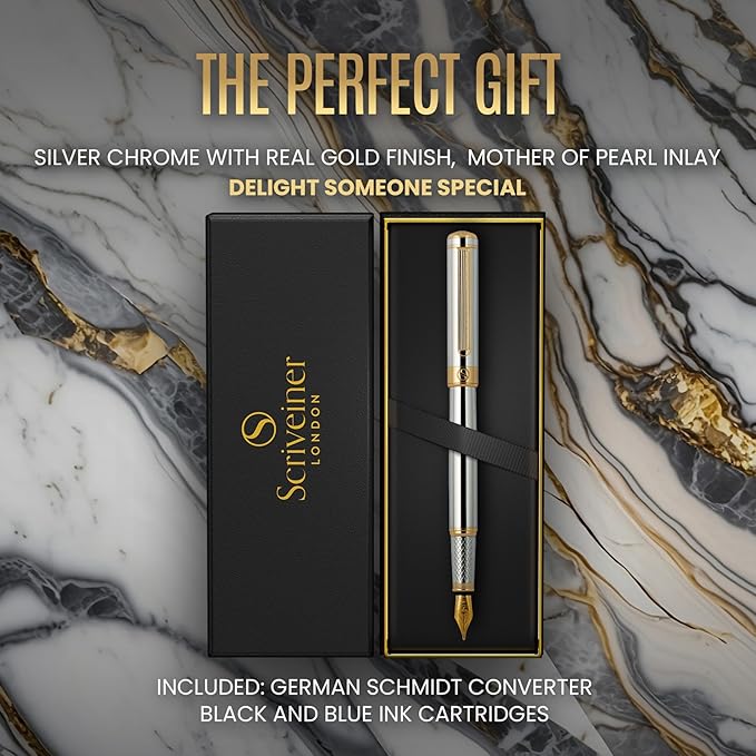Scriveiner Silver Chrome Fountain Pen - Stunning Luxury Pen, Real Gold Finish Schmidt Gilded Nib (Medium), Best Pen Gift Set for Men & Women, Professional, Executive Office, Nice Pens