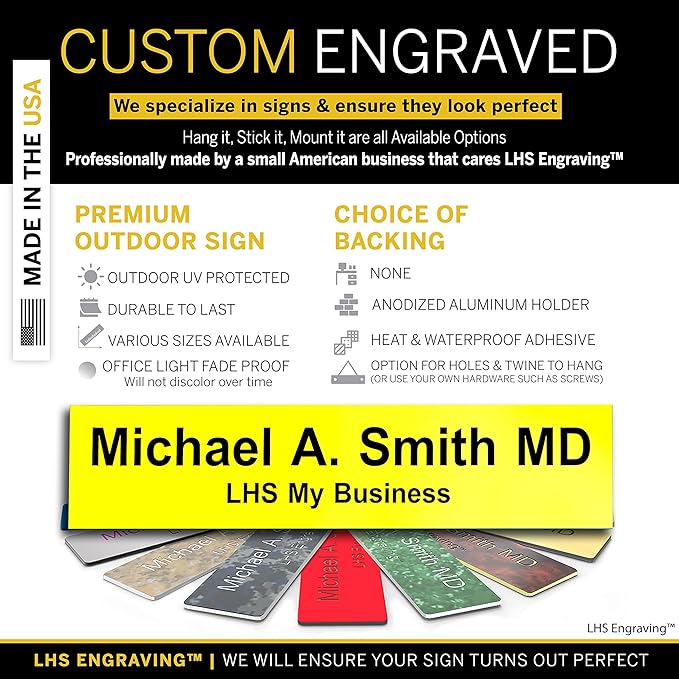Personalized Name Plate with Choice of Mounting for Walls, Doors, Desk Holders, Cubicles, Hanging and More - Custom Yellow Plastic Black Letters - USA Made 2x8 - B4
