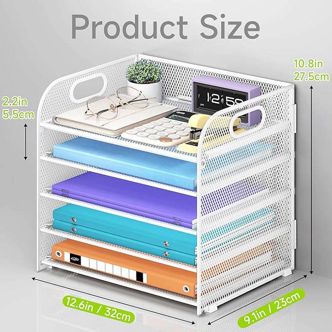 Cawukege 5 Tier Paper Organizer with Handle, Metal Mesh Desk Organizer File Folder Paper Letter Tray Desktop Document Sorter for Classroom, School, Office Accessories Organization and Storage - White