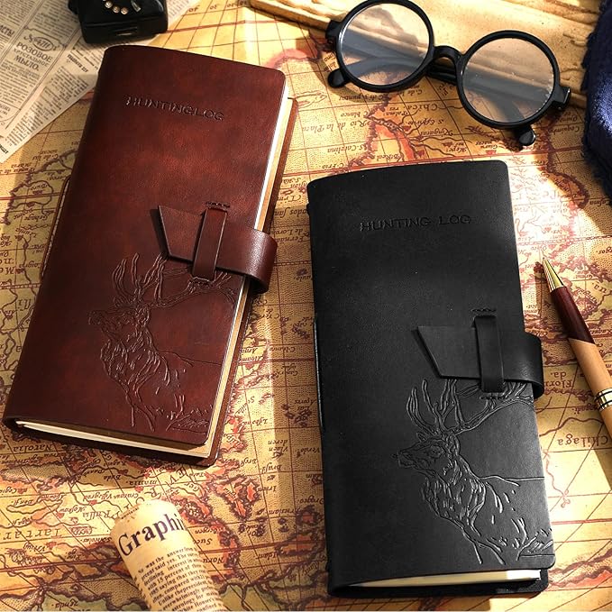 Eaasty 2 Pcs Leather Hunting Log Book Elk Hunting Journal Notebook for Men Designed for Huntsman to Record Hunt Details for Dad Husband Father's Day Birthday Gift, 96 Pages(Black, Brown)