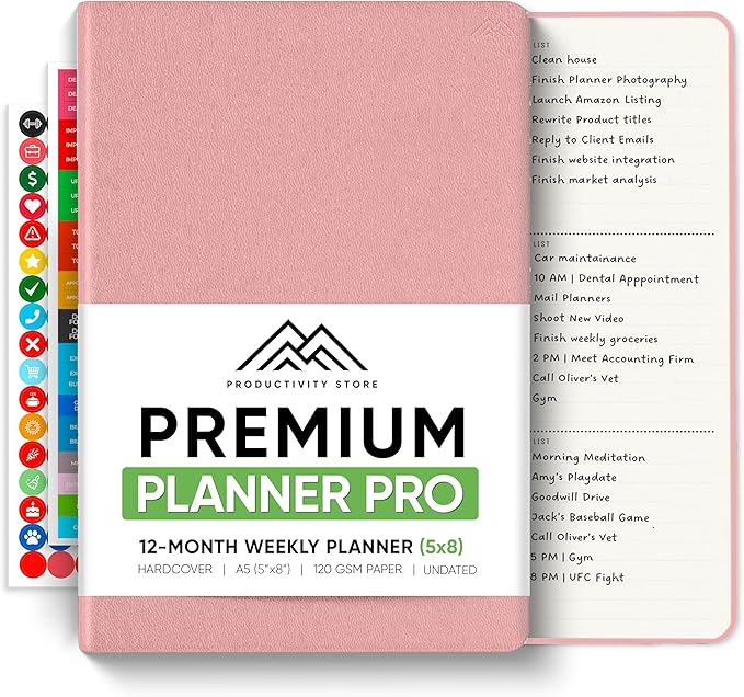 PRODUCTIVITY STORE Pro - Undated, 2026 Planner, 5.8” x 8.3” - The #1 Productivity Planner to Achieve Your 2026 Goals - Planner 2026-2027 - Pink - A5