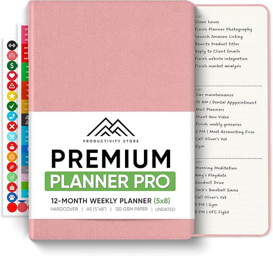 PRODUCTIVITY STORE Pro - Undated, 2026 Planner, 5.8” x 8.3” - The #1 Productivity Planner to Achieve Your 2026 Goals - Planner 2026-2027 - Pink - A5