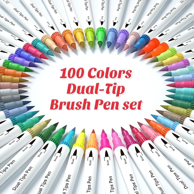 feela 100 Colors Dual Tip Brush Pens with Fineliners Art Markers, Watercolor Dual Brush Tip and Highlighters For Adult Coloring Books, Art, Sketching, Calligraphy, Manga, Journal
