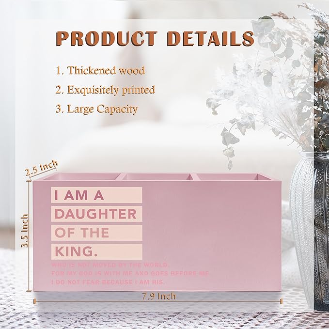 Exqcom Pink Christian Makeup Brush Holder, Daughter of the King Bible Verses Pen Holder Organizer for Dorm Bedroom Desk Accessories, Pink Preppy Toothbrush Holders for Girly Bathroom