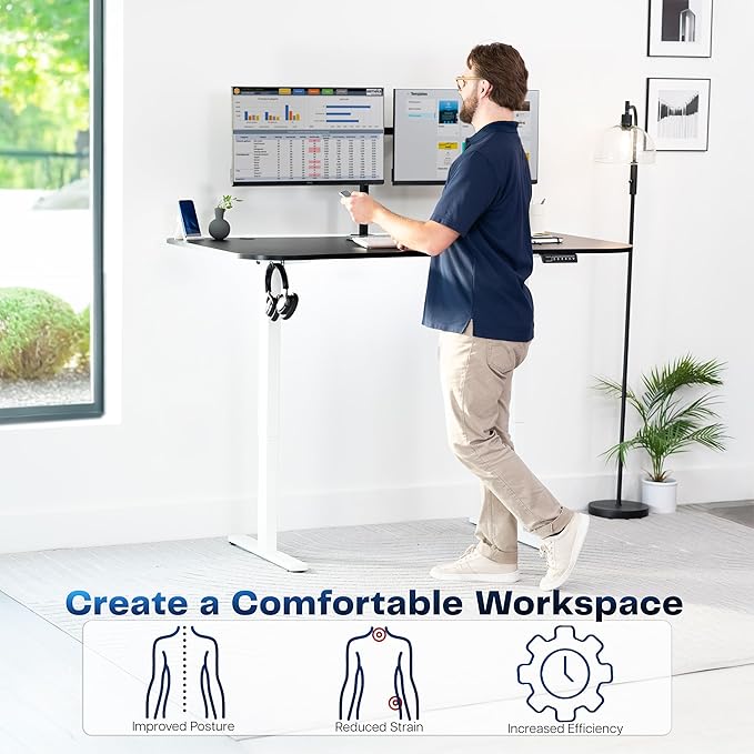 VIVO Electric 63 x 32 in Standing Desk, Memory Height Adjustment, 1B Series, Holds 220 lbs, Black Top White Frame, DESK-KIT-1W1B