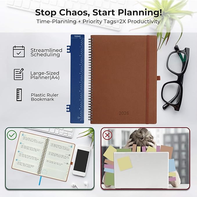 IN-LUXPRO Planner 2026 Daily Weekly and Monthly,11.5"x8.5",12 Months Spiral Bound Calendar Agenda with Self-adhesive Pen Holder,2026 Appointment Book with Vegan Leather Soft Cover,Brown