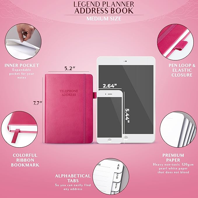 Legend Planner Address Book with Alphabetical Tabs –Telephone Contacts Book for Phone Numbers, Addresses, Passwords, Medium (Hot Pink)