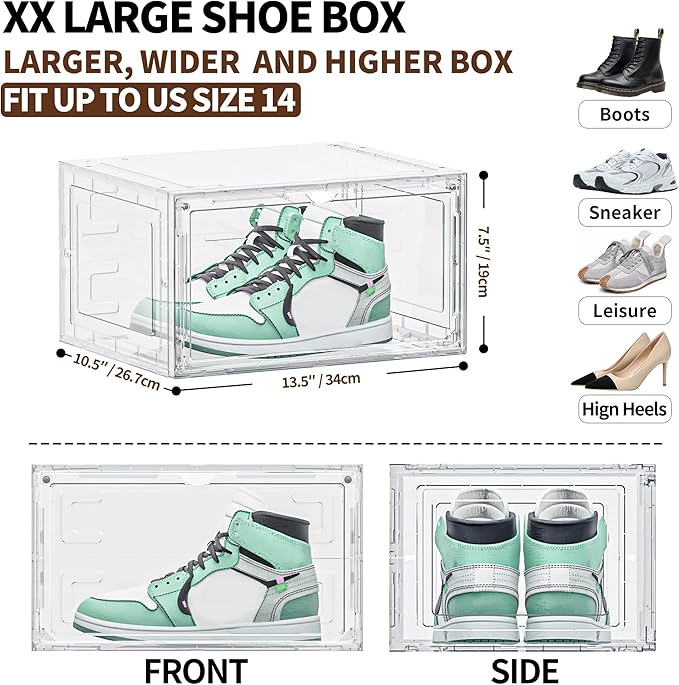 TOFWOF 6 Pack XX Large Shoe Organizer, Heavy-Duty Hard Thicken Plastic Clear Stackable Shoe Storage Box Organizer for Closet, Space-Saving Shoe Rack Display Case Bin Containers for Sneakers, Clear