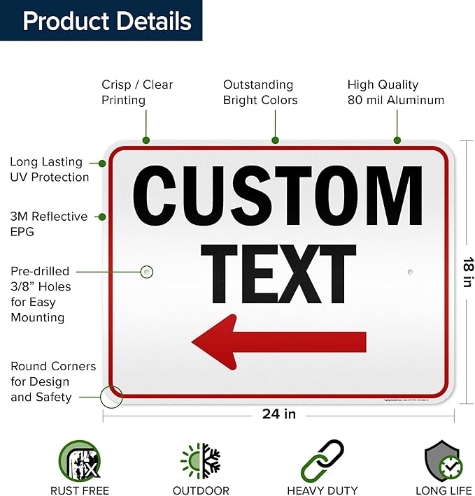 Custom Arrow Directional Sign, Left Arrow, 18x24 Inches, 3M EGP Reflective, Rust Free .080 Aluminum, Fade Resistant, Made in USA by My Sign Center