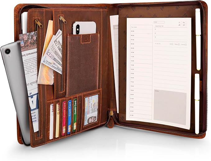 JinRuiKJ Leather Portfolio for Men, Business Portfolio Binder for A4/Pad, Leather Portfolio Folder Organizer with Notepad Holder, Card Slots, Pen Loop, 10 x 13 in, Professional Gift Set - Light Brown