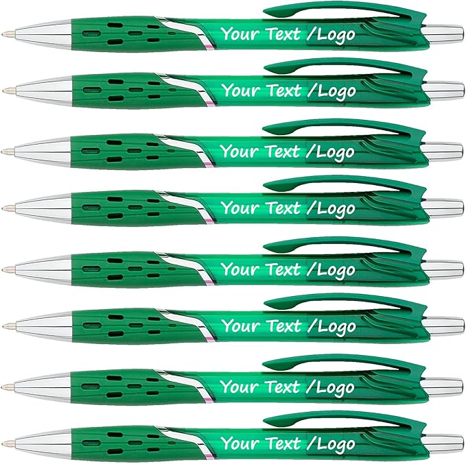 SyPen Personalized Ballpoint Pens With your Custom Logo or Text-300 Pack Bulk-for Businesses, Parties, and Events, Custom Printed, Vivid Colored Translucent Barrel, Click Pens, Black Ink, Green Pens