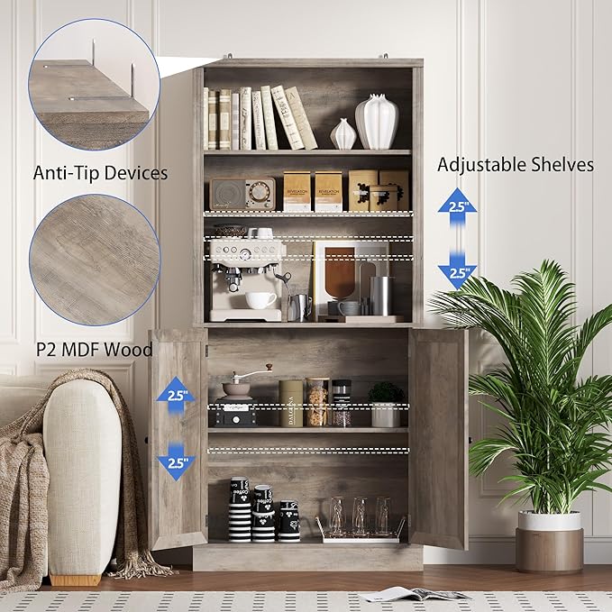 BORNOON 71.4" Tall Bookshelf with Cabinet, 5-Tier Floor Standing Bookcase with Doors & Adjustable Shelves, 31.5" Wide Storage Shelf, Metal Handles, Modern Organizer for Home Office, Living Room