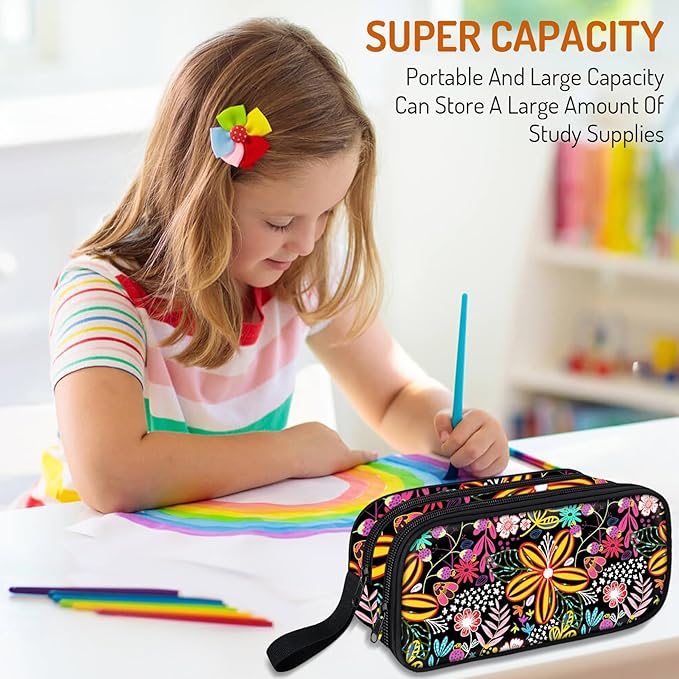 Cute Pencil Case for Girls, Large Girls Pencil Pouch for School Supplies, Portable Floral Pen Bag, Aesthetic Pen Box with Zipper, 2 Compartments Stationary Organizer for Kids Teens Students Adults