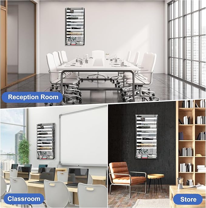 EasyPAG Wall File Holder 10 Tier Mesh Hanging Folder Organizer with Flat Tray Wall Mounted Mail Organizer Magazine Paper Desk Shelf with Nametag Label for Office Home School, Black