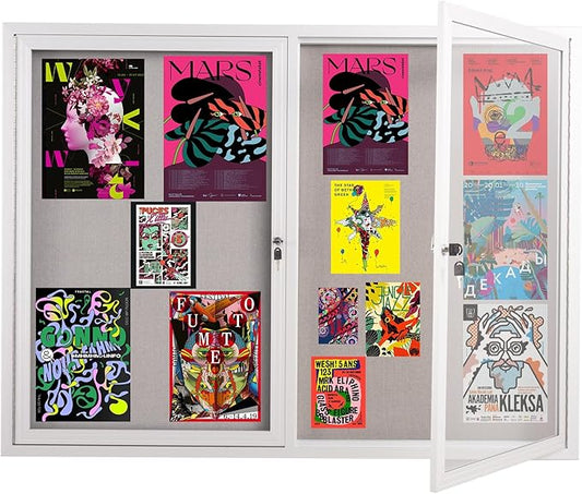 48x36 Inch Lockable Enclosed Bulletin Board, Weather-Resistant Outdoor Noticeboard with 2 Locking Doors, Wall-Mounted Silver Aluminum Frame & Grey Felt Presentation Board
