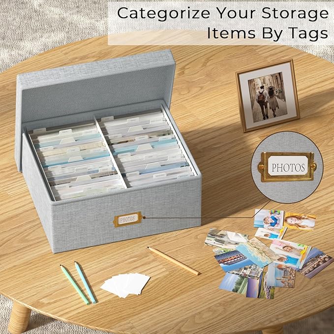 Decorative Photo Storage Box - Linen Photo Box Organizer with Dividers, Fits Holds Up to 1700 Pictures and 4x6 Photos, Memory Keepsake Organizer for Photos, Scrapbook Supplies, Cards, Stamps (Grey)