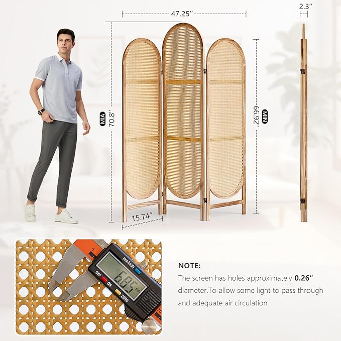 Asnefeli Room Divider 3 Panels, Hand-Woven Rattan Room Divider Wall, Foldable Wood Divider Screen, Creative Divider Wall, Folding Privacy Screens, Unique Design Privacy Divider Panel (Natural)