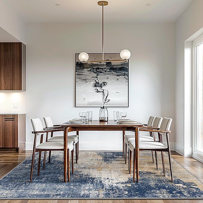 GENIMO Washable Area Rugs for Living Room, 8x10 Modern Non Slip Rugs, Low Pile Lightweight Soft Print Rug for Bedroom, Dining Room, Home Office, Washed Navy Blue