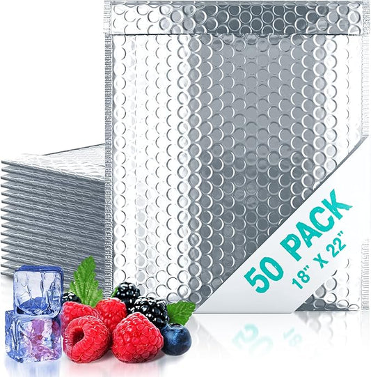Amiff Silver Thermal Bubble Mailer, 18 x 22 Inches. 50 Pack Metallic Bubble Mailers. Self-Seal Insulated Mailers for Cold Shipping. Padded Envelopes Waterproof. Thermal Bag for Food, Cosmetics