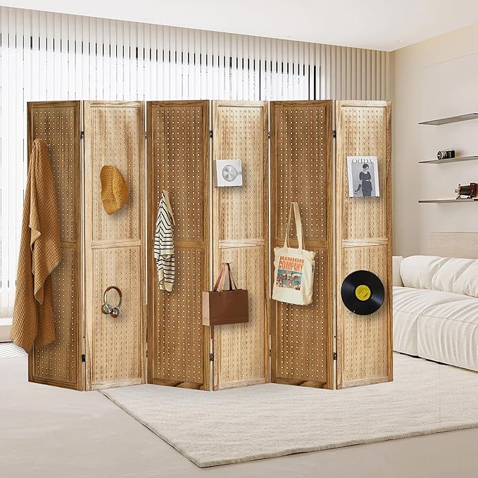 Aleesing 6 Panel Pegboard Display with 24 Hooks, Pegboard Room Divider and Folding Privacy Screens, Partition Room dividers, Wooden Room Divider Wall, Jewelry Store, Bedroom, Balcony, Light Brown