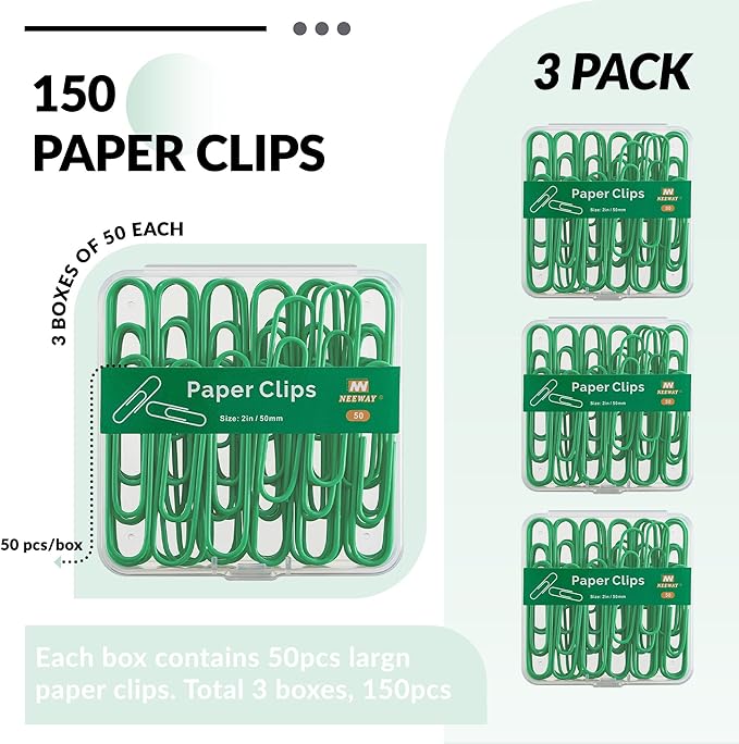 NEEWAY Colorful Large Paper Clips, 2 Inch Jumbo Paper Clips, 150 Count, 3 Pack of 50 (Green)
