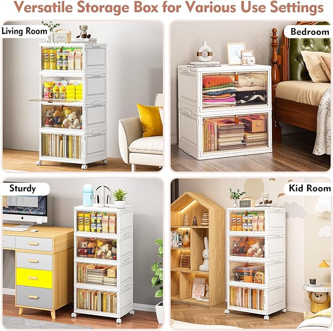 CTSNSLH 4 Tier Plastic Storage Bins and Boxes Organizer - 28Qt Stackable with Lids for Bedroom, Living Room, Office - Foldable Containers, Household Organization